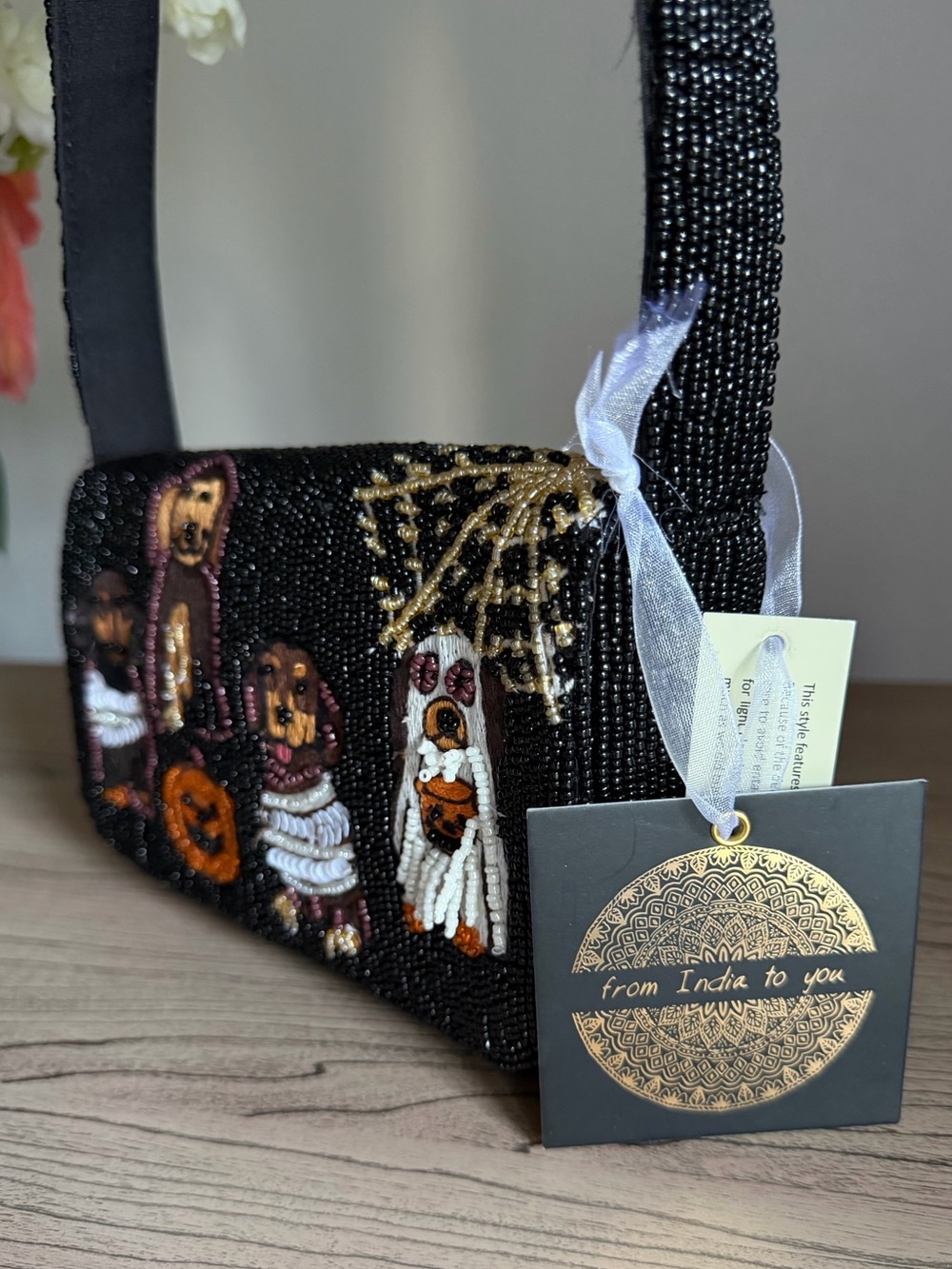 Made in India Halloween Daschund ghost web puppy Costume Beaded Shoulder Bag - Picture 5 of 12